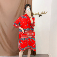 Women Fashion New Autumn Pleated Dresses Tidal Print Loose Big Size Dress