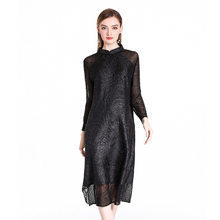 Spring Autumn Women Pleated Crinkled Embroidery Fashion New High End Lady Elegant Long One Piece Dress