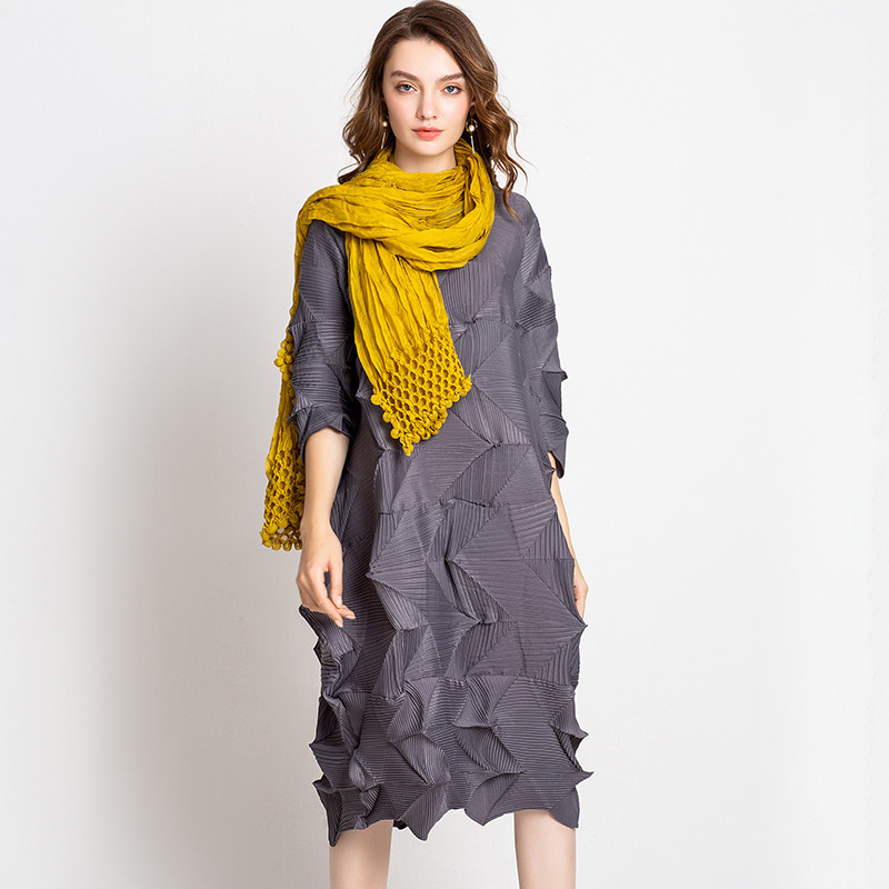 Women Pleated Office Lady Loose Solid Half Length Sleeves Casual O-neck Dresses