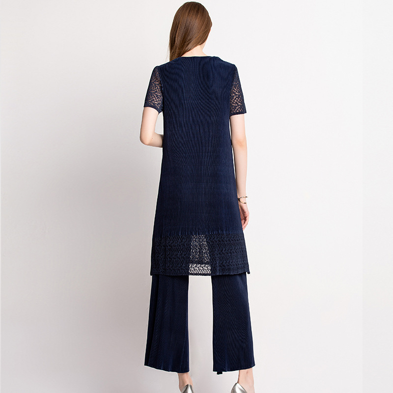 Short-sleeved Lace Suit Loose Big Size Lady Dress Spring Summer Fashion Pleated Dress