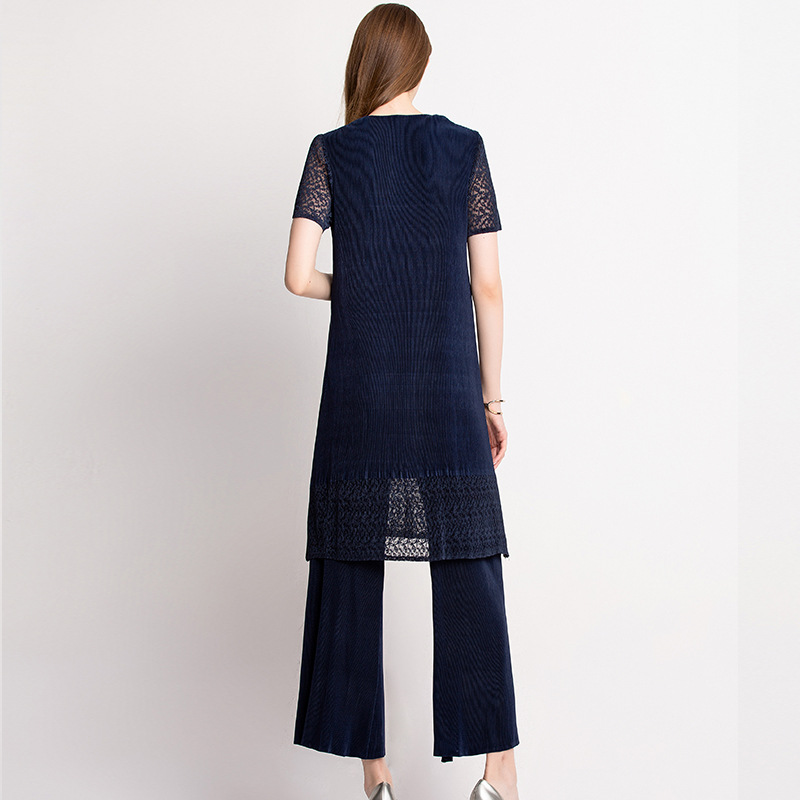 Short-sleeved Lace Suit Loose Big Size Lady Dress Spring Summer Fashion Pleated Dress