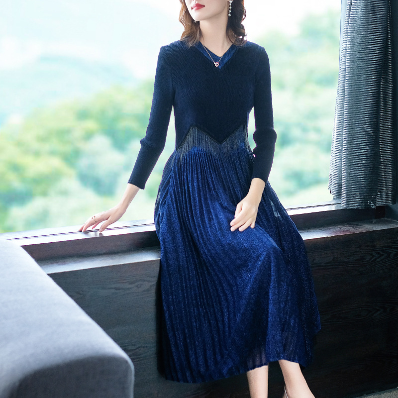 Women Large Pleated Elastic Slim Dress Autumn 2019 Pleated Dress
