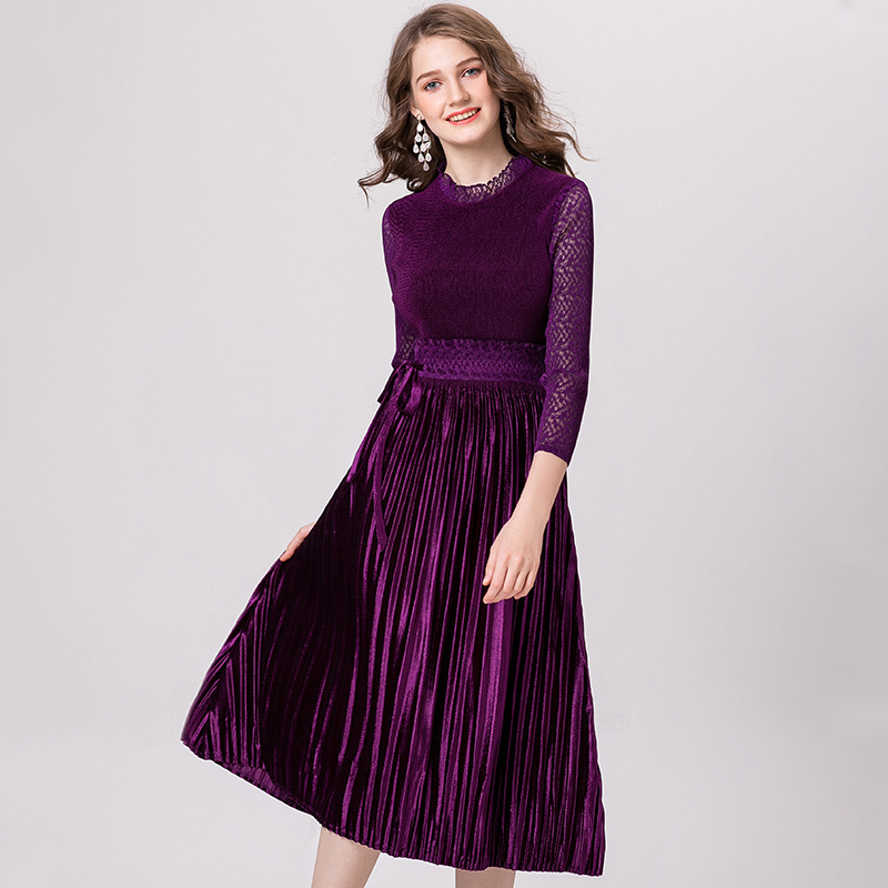 Women Pleated Fahsion New Lace Lady Elegant High Quality Dress
