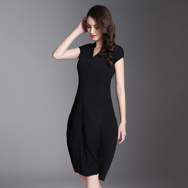 Summer Women Pleated Solid Color Lady Elegant High Quality One Piece Dress