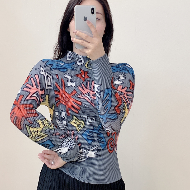 Autumn Women Pleated Tops Long Sleeved Shirts Print Tidal Big Size Shirts