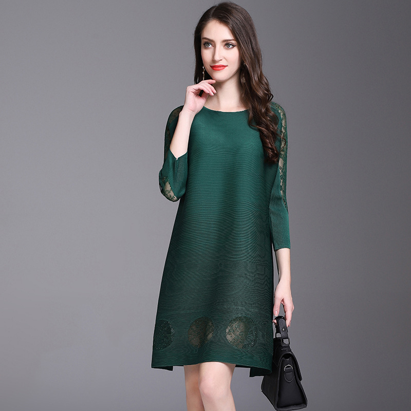 Spring Autumn Women Pleated Solid Color Fashion New Lady One Piece Dress