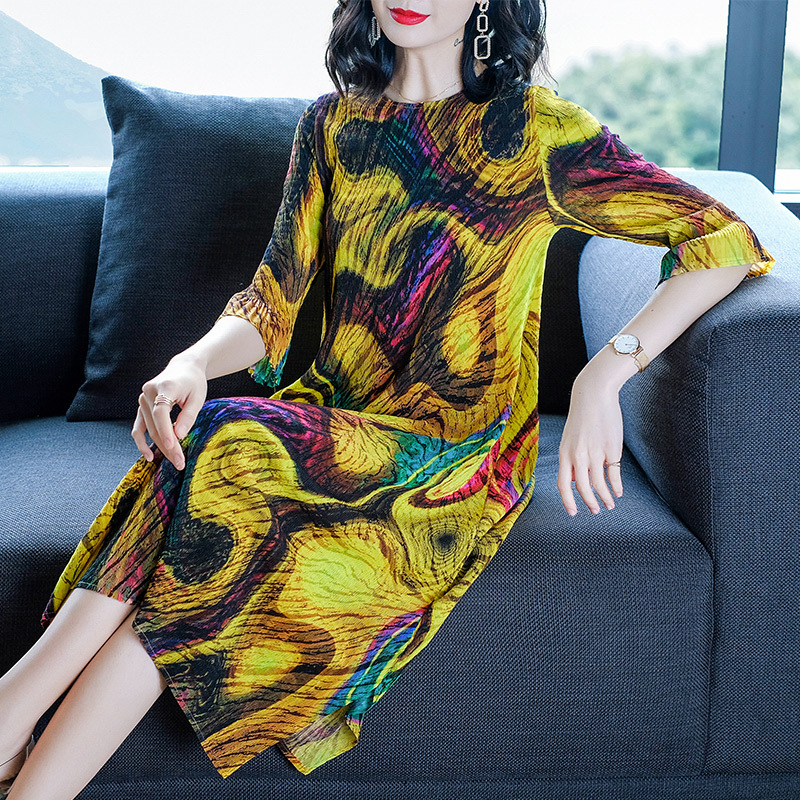 French Women Pleated Print Spring Tidal Fashion New Loose Big Size Dress