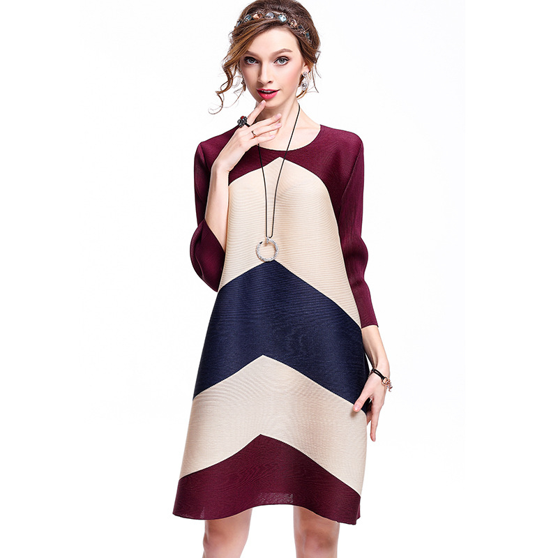 New Arrival Women Pleated Office Lady Loose Striped Three Quarter Sleeves None Knee-length O-neck Autumn Dresses