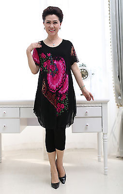 Womens Knitted print short sleeve T-shirts with lining double layer tops