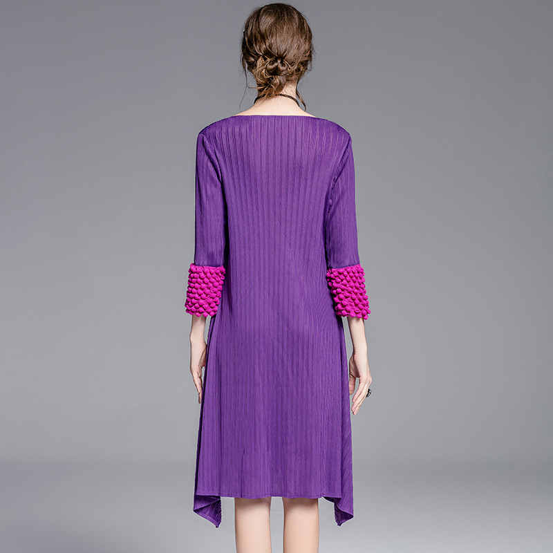 Bubble Sleeve New 2017 Fall Pleated Dress Collar Round Neck Seven Minute Sleeve Fold Dress Wholesale