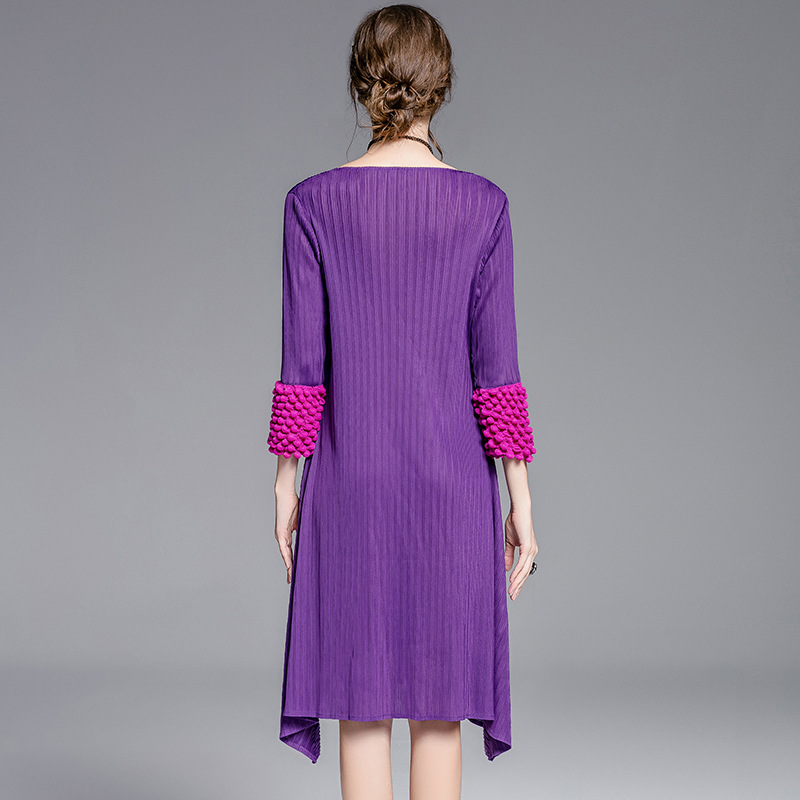 Bubble Sleeve New 2017 Fall Pleated Dress Collar Round Neck Seven Minute Sleeve Fold Dress Wholesale