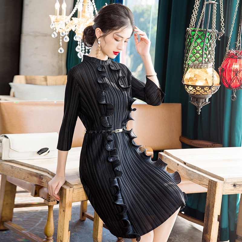 Spring 2020 Big Size Slim Dress Ear Edge New Women's Loose Pleated Dress