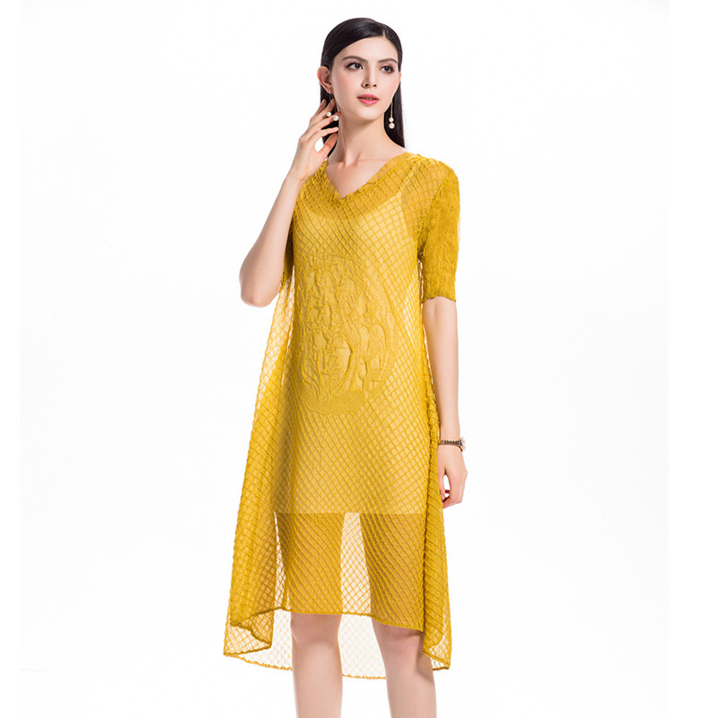 Women Summer Lace Solid Color Elegant Lady Wrinkle Slim Free Size One Piece Long Dress