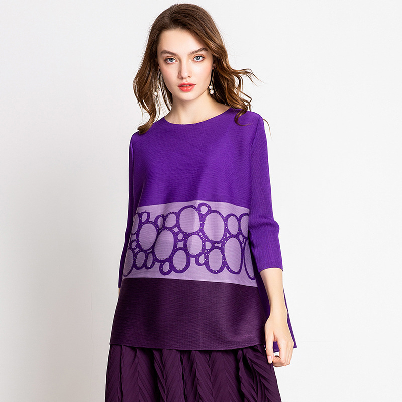 Women Pleated Regular Office Lady Woven Diamonds Print O-neck Regular Blouses & Shirts