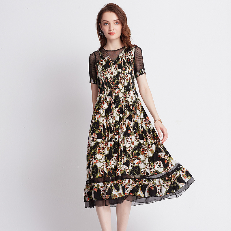 Mesh Sleeve Fancy Dress Summer Chiffon Dress Pleated Fashion Dress