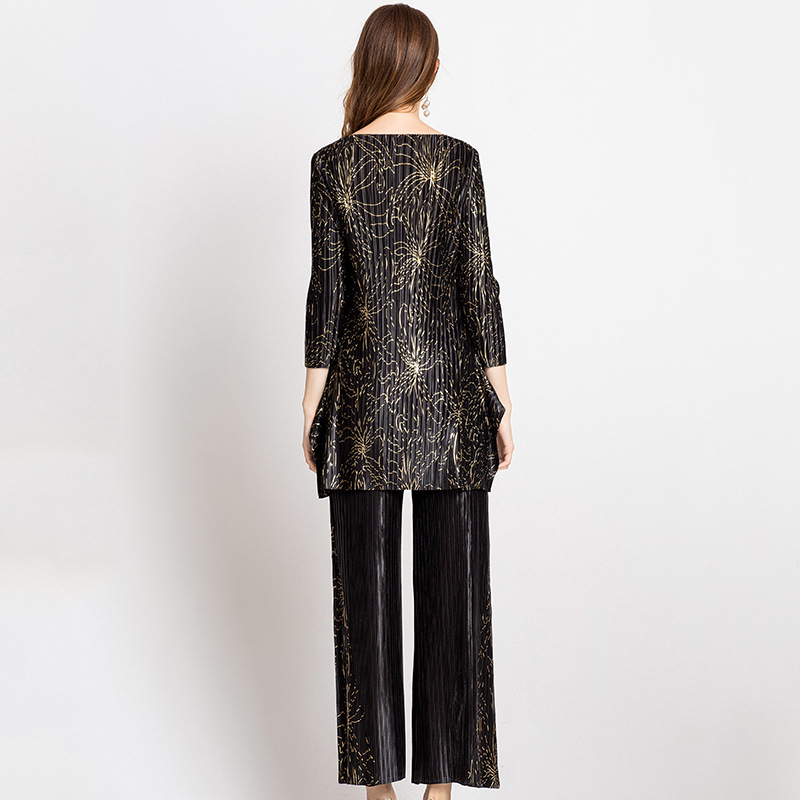 Women Pleated Fashion New Print Tidal Pullover Long Sleeves Shirts Trousers Two Pieces Clothing Sets