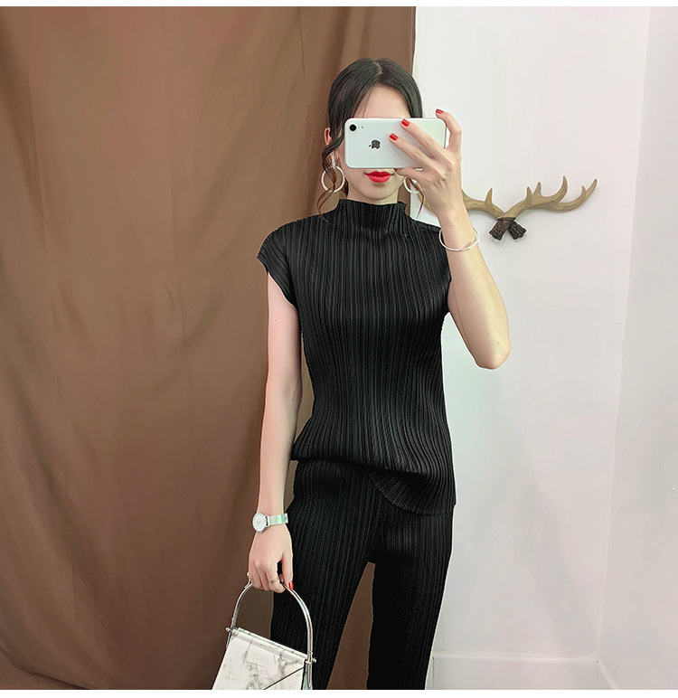 Women Pleated Suit Summer Sleeveless Tops Vests Casual Pants Pleated Two-piece Clothing Sets