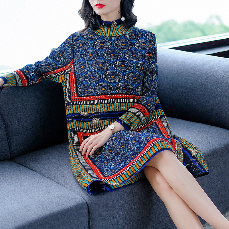 Long Sleeve Dresses New Spring Female Fashion Retro Collar Printed Loose Large Size Wear