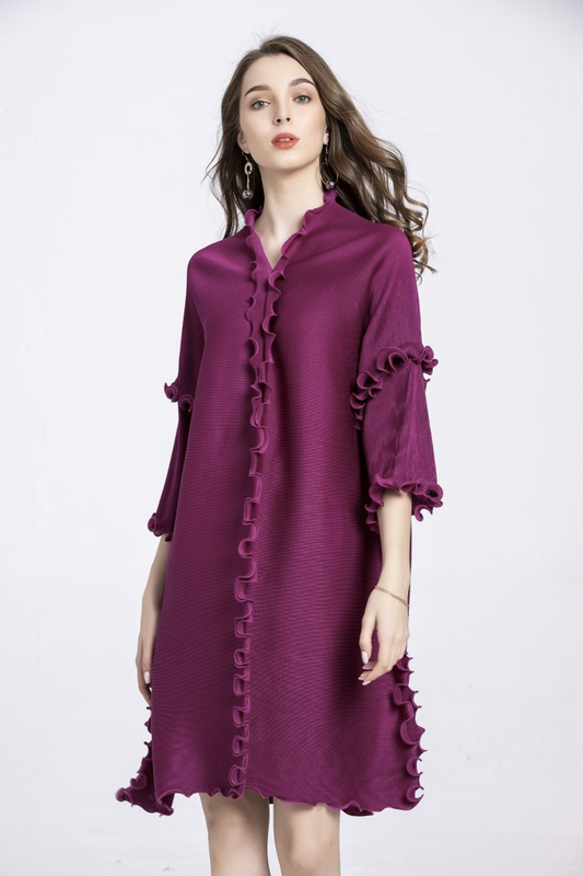 Autumn Big Size Dress V-neck Ear Dress Pleated Oversized Women's Dress