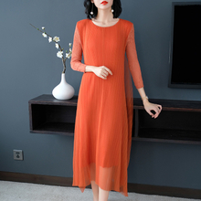 Women Dress Solid Pleated Long Sleeved Wrinkled Loose Long Dress