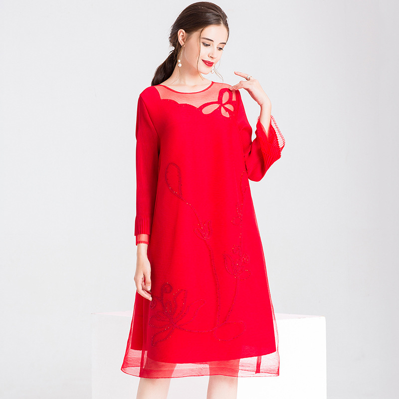 Spring Women Fashion New Tidal Pleated Female Mesh Popular Loose Lady One Piece Dress