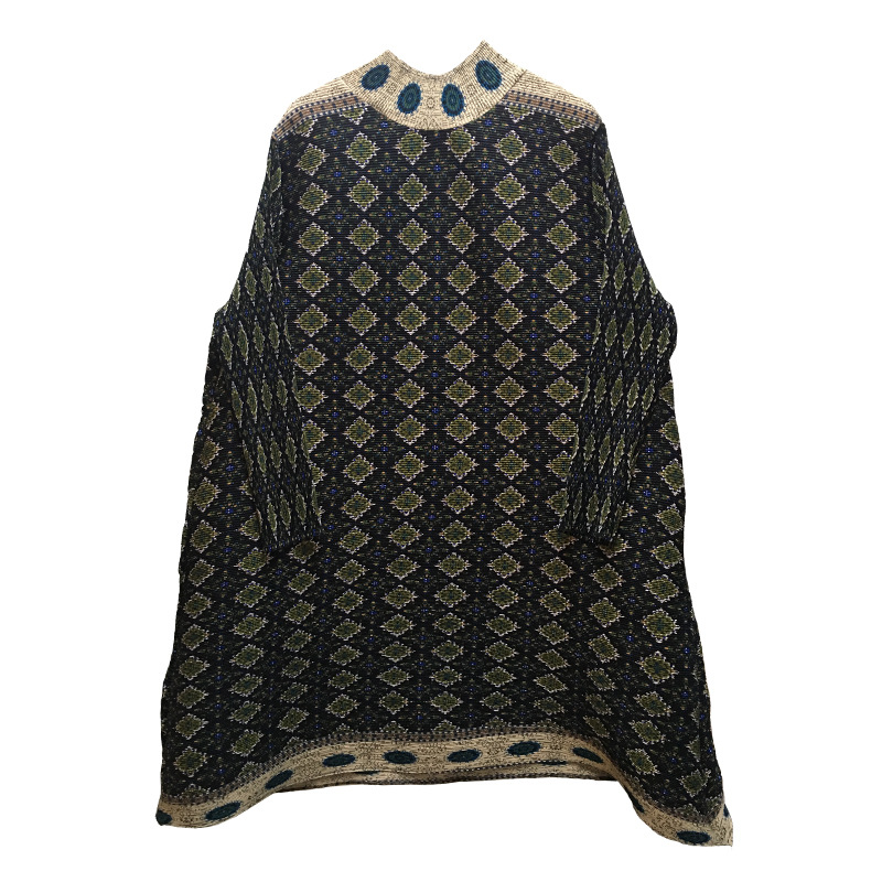 Autumn Fashionable High Collar Plaid Floral Dress Pleated Women Loose Dress