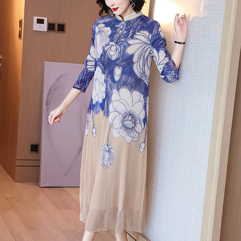 French Print Improved Cheongsam Dress Spring New Women's Chinese Style Plus Size Slim Mother's Dress