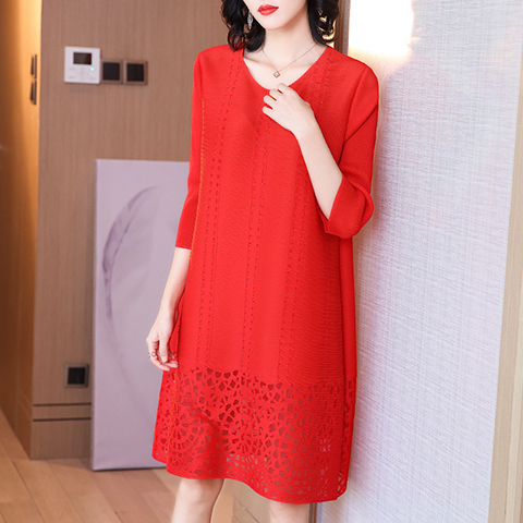 High End Plus Size Red Pleated Dress Spring 2021 New Women's Loose A-line Pleated Dress