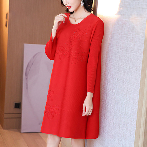Mother Red Age Reducing Pleated Dress Spring 2021 New Women's Loose Plus Size Dress