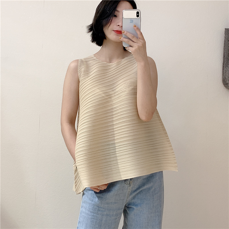 Lady Wrinkle Tops Sleeveless T-shirt Fashion New Solid Color Irregular Loose Size Pleated Shirts