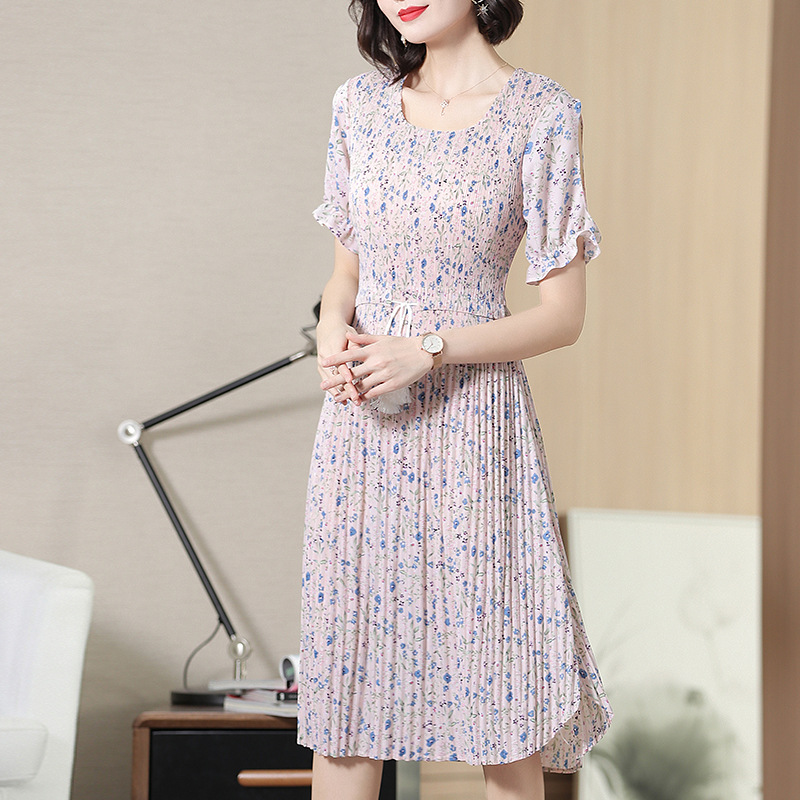 Slim Print Dress Summer New Women's Wear Big Size Pleated Korean Version Tidal Dresses