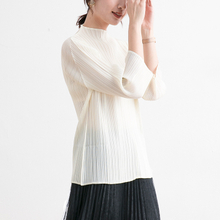 Women Pleated Tops Basic Versatile Half High Collar Loose Three Quarter Sleeve T-shirt