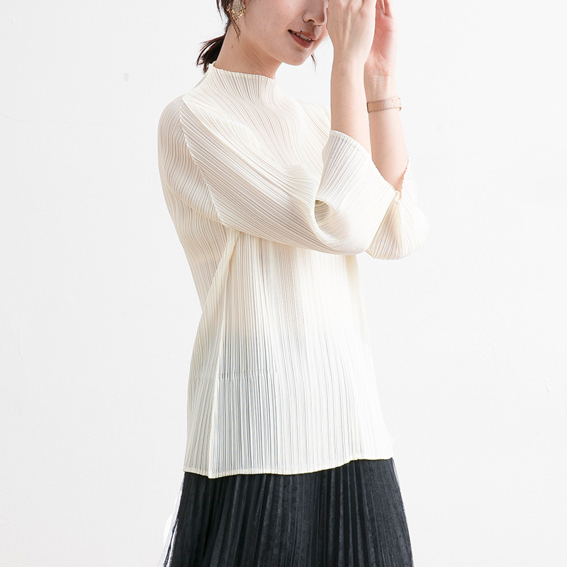 Women Pleated Tops Basic Versatile Half High Collar Loose Three Quarter Sleeve T-shirt