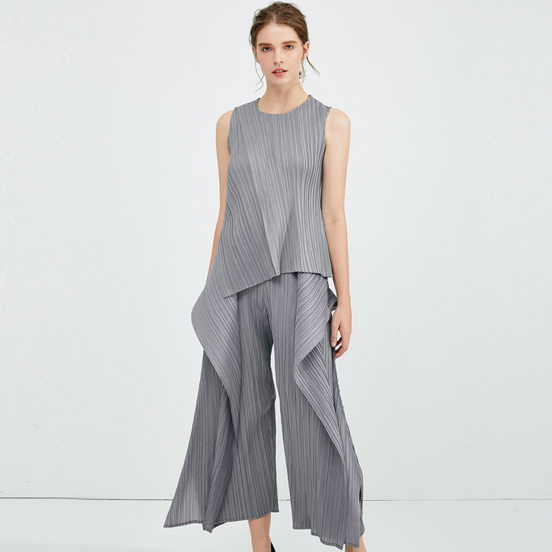Spring Women Fashion New Tidal Pleated Tops Trousers Two Pieces Clothing Sets Popular Suits