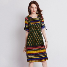 Women Colourful Rainbow Print Dress Summer Fashion Tidal Pleats Dress