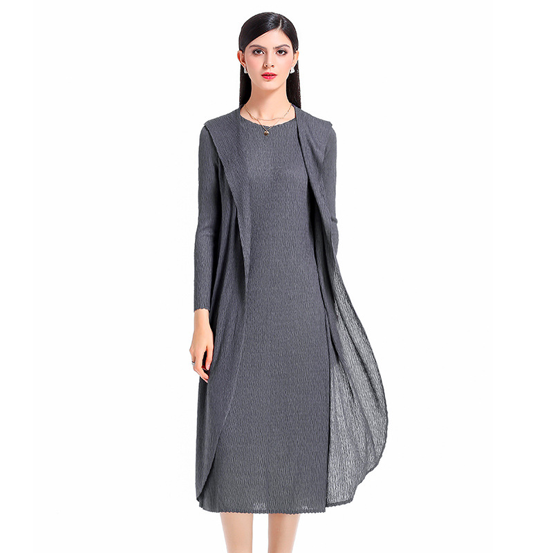Autumn Women Original Design Jacquard Fold Fake Two Popular Static Color Boutique Dress