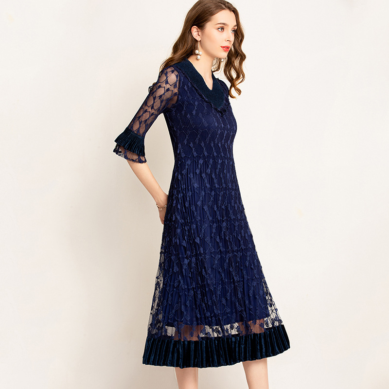 Wrinkle 2019 New Dresses Pleated Solid Color V-neck Lace Velvet Boutique Elegant Dresses
