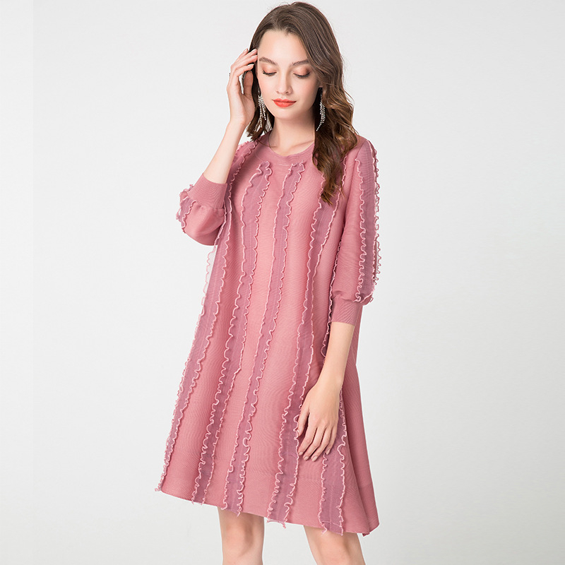 Mesh Ear Women Pleated Bar Wood Ear Mesh 7-sleeve Static Color Dress