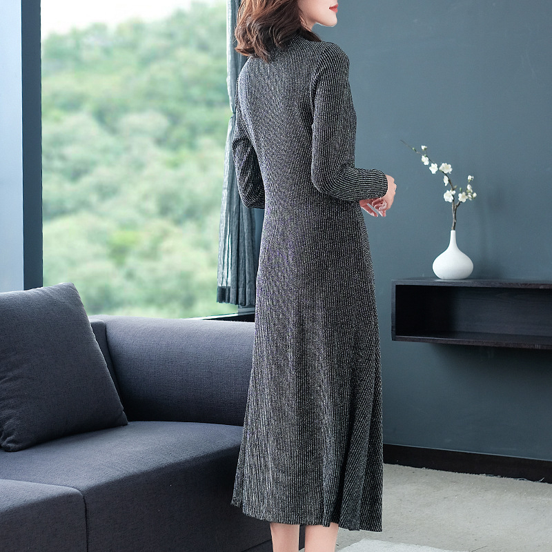 Autumn 2019 Lady Slim Big Size Pleated Dress Fake Two Mesh Spliced Pleated Dress