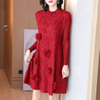 Red French Dress Female High-end Temperament Plus Size A-line Long Sleeve Pleated Dress