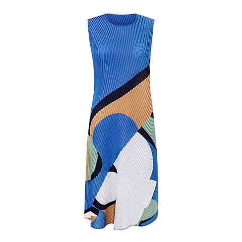 Geometric Print Dress Summer 2021 New Femininity High End Round Neck Sleeveless Casual Pleated Dress