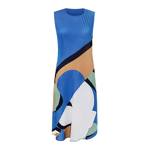 Geometric Print Dress Summer 2021 New Femininity High End Round Neck Sleeveless Casual Pleated Dress