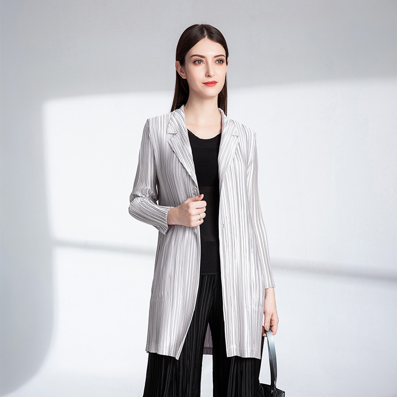 Spring Autumn Women Pleated Jacket Fashion Cardigan Lapel Pure Color Coat