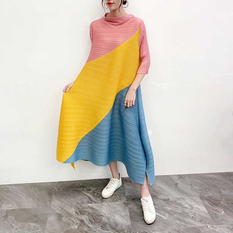 Pleated Dress Spring Summer 2020 New Color Block Pleated Long Loose Large Size Dress