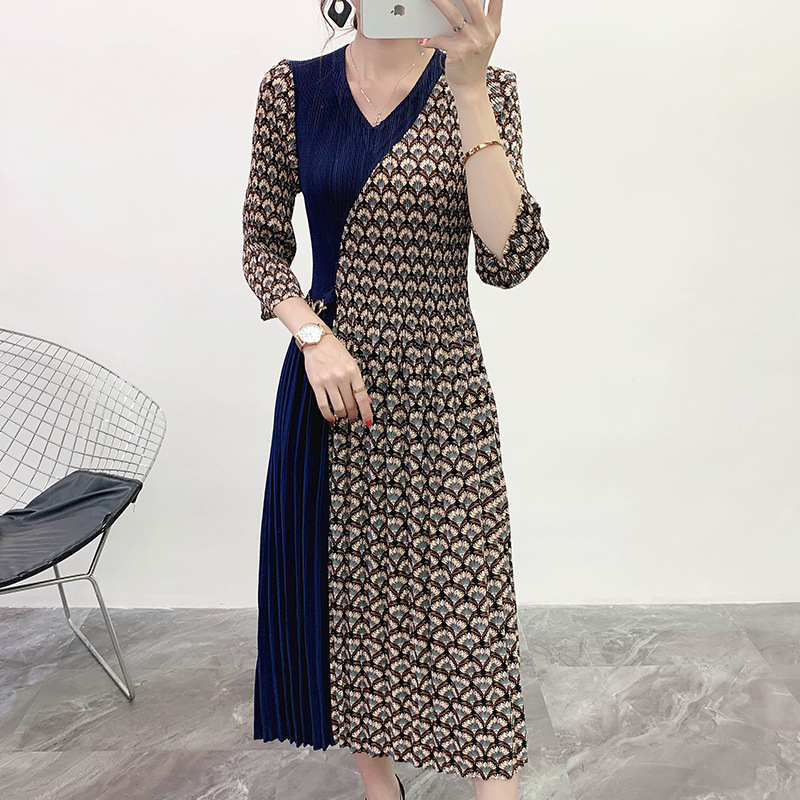 Pleated Dress Spring And Summer 2020 New Women's Pleated Print Bottom Large Size Dress