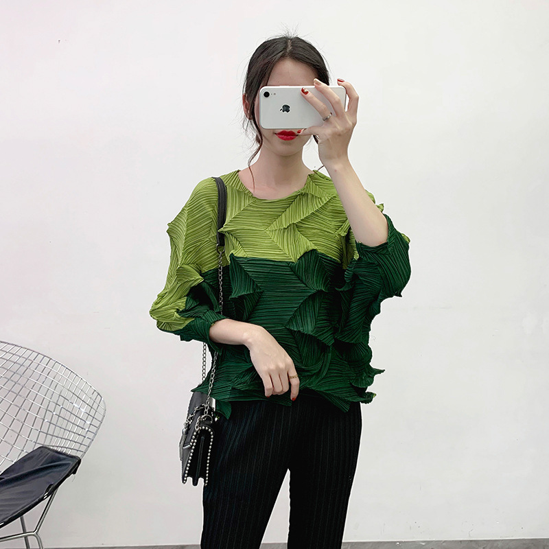 Diamond Pleated Top Spring 2020 New Style Pleated Color Matching T-shirt Large Foreign Style Bottoming Shirt