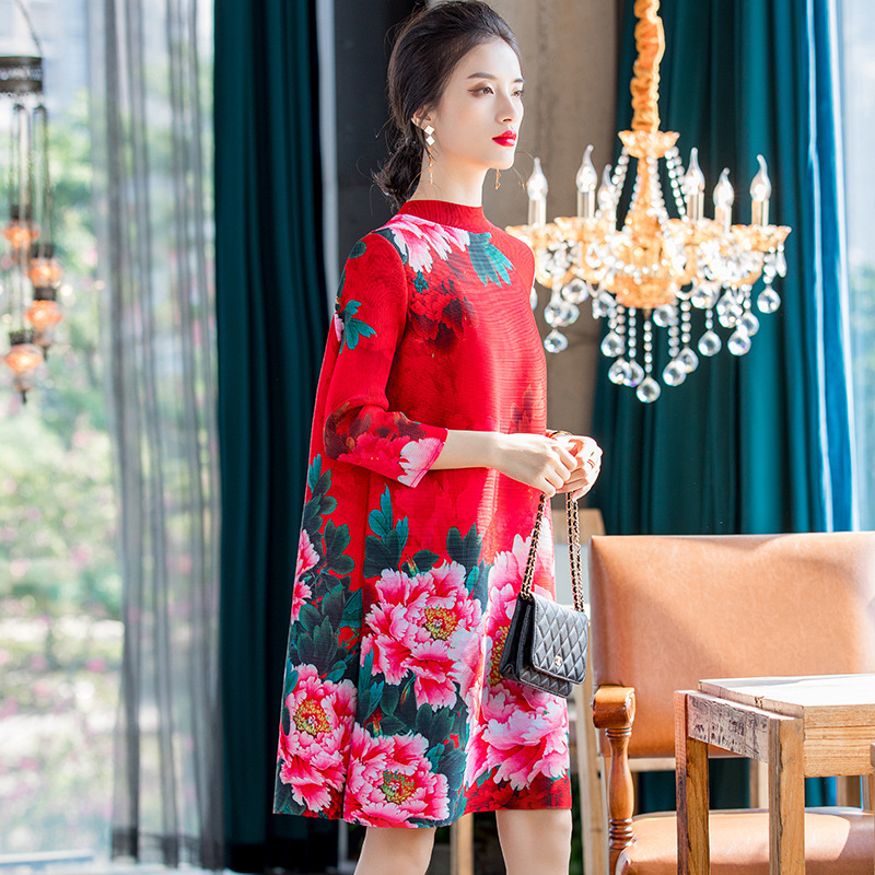 Pleated Oversized Ethnic Print Dress New Women's Fashion Dress In Spring 2020