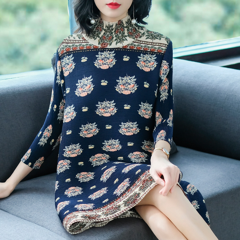 Women Fashion Pleats Printed Dress Spring New Women's Big Size Dresses