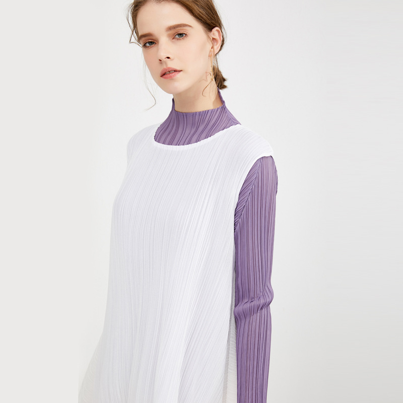 Spring 2020 New White Pleated Dress Round Neck Sleeveless Women's Loose Large Dress