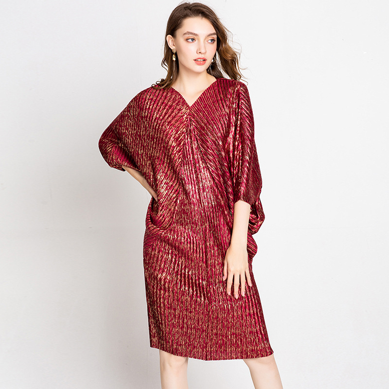 Women Autumn Fashion New Printing Lady Elegant Pleated Bat Sleeved Tidal Popular One Piece Dress